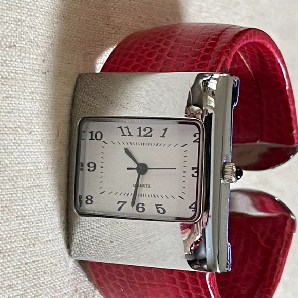 None Accessories - Quartz Movement Red Band Ladies Cuff Watch
